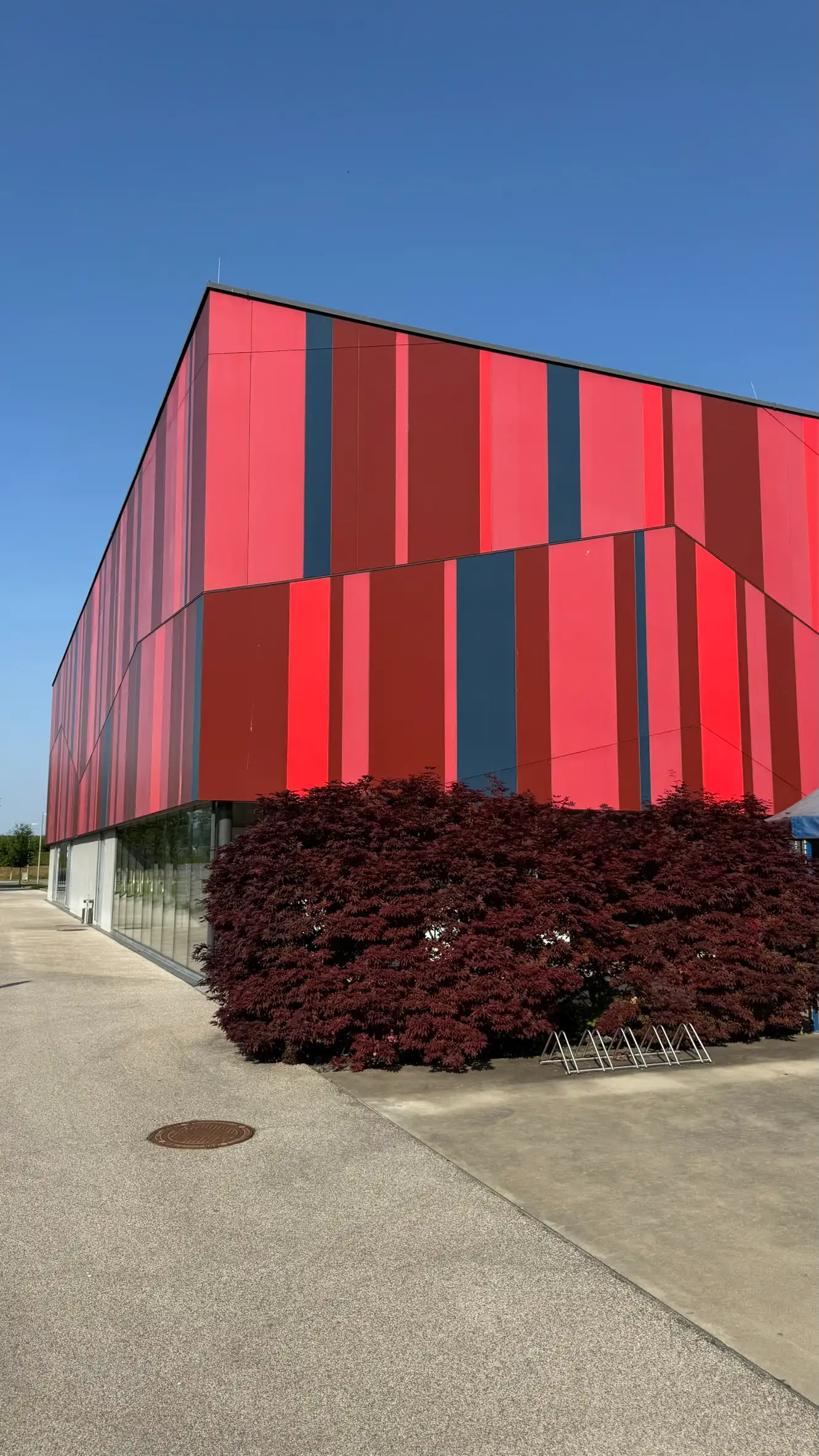 The vertical bands are in various hues of red, punctuated by occasional dark grey and blue accents.