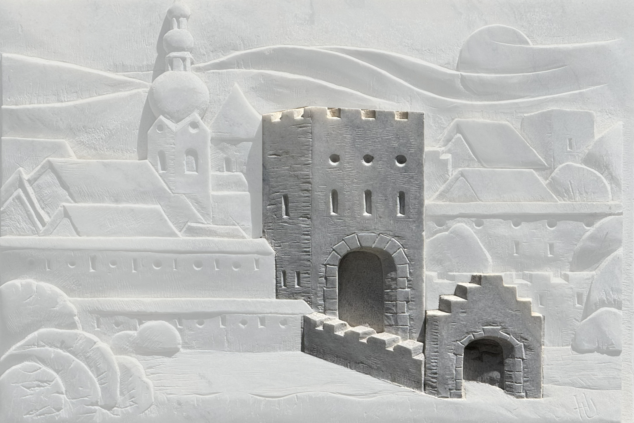 Plaque marking the former site of the "Klagenfurter Tor"; the gate tower and barbican are digitally accentuated.