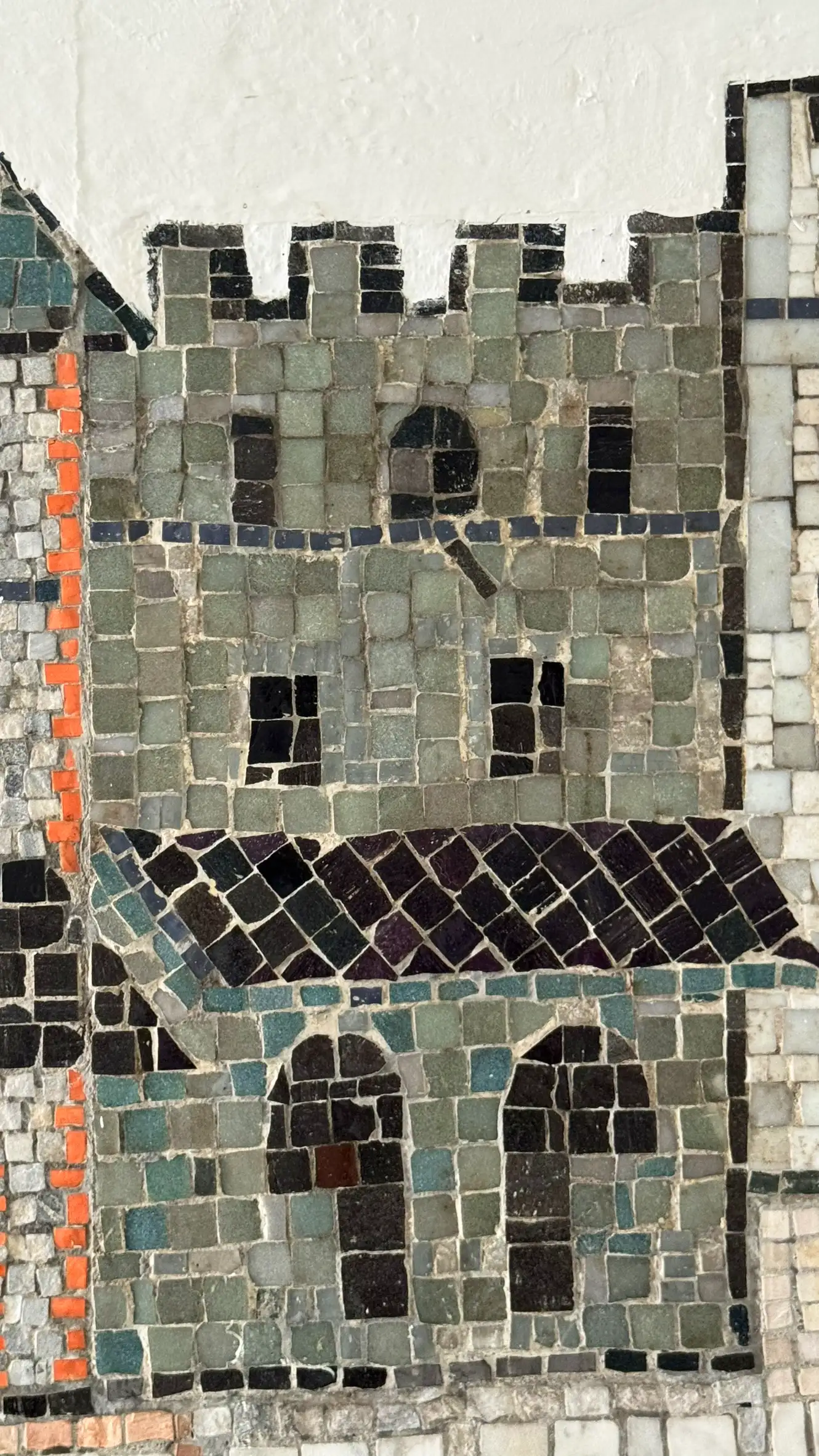 Tesserae colours: greyish olive, silver, pearl white, black, sunset orange