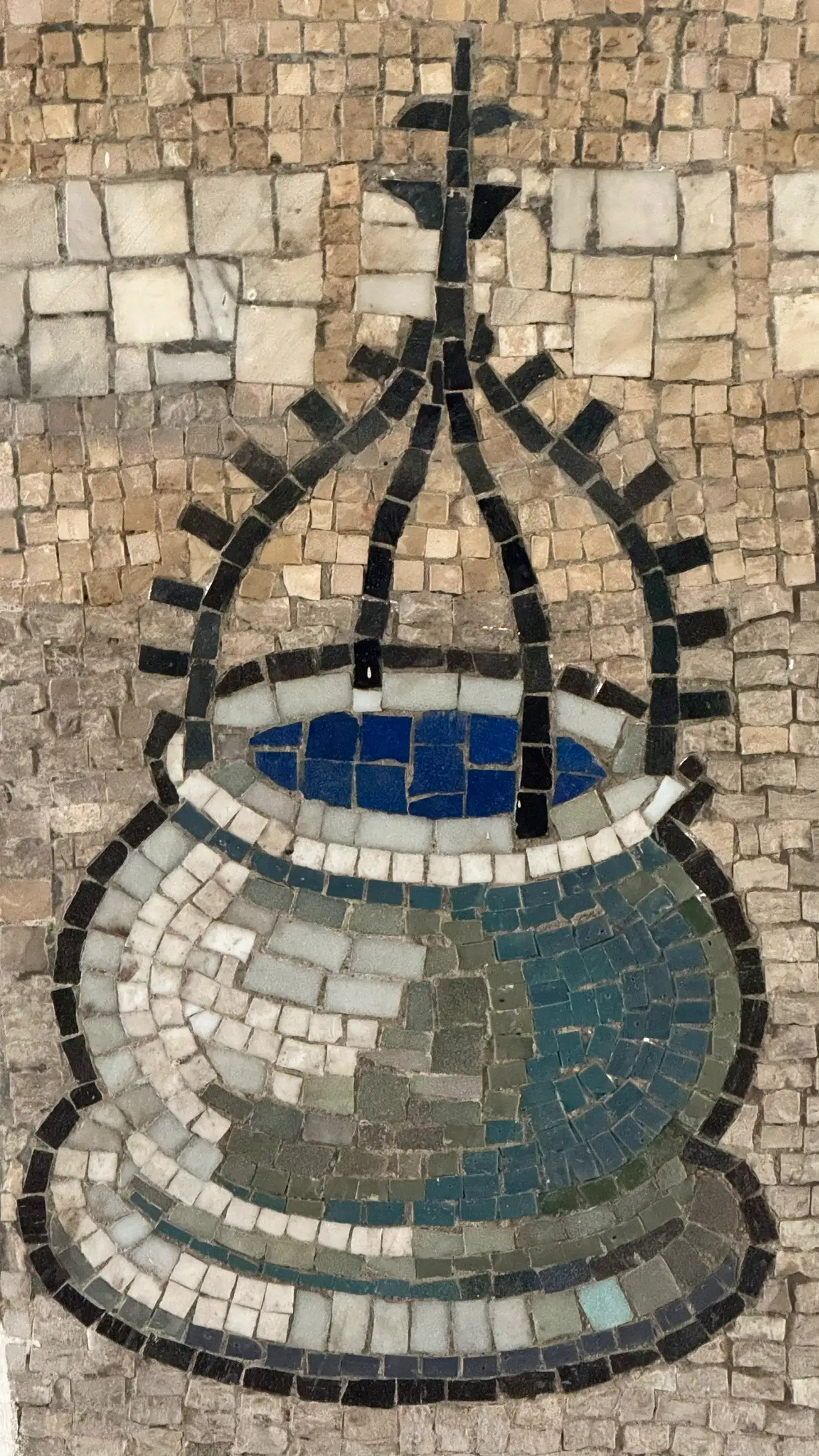 Tesserae colours: pale brown, pearl grey, ash grey, teal blue, Ionian blue, grey olive, black