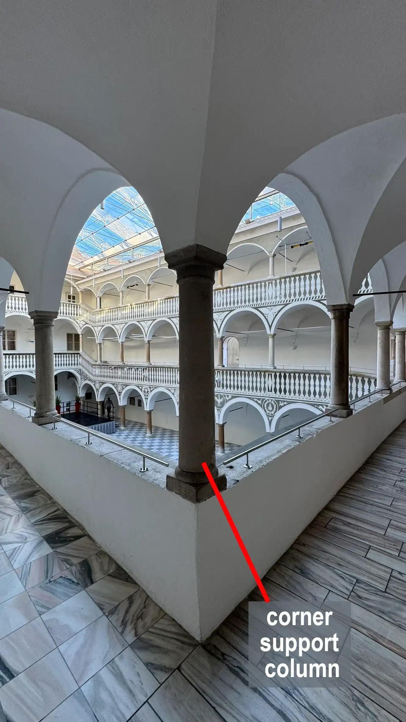 From bottom to top, the corner support column displays plinth, base, shaft, and capital.