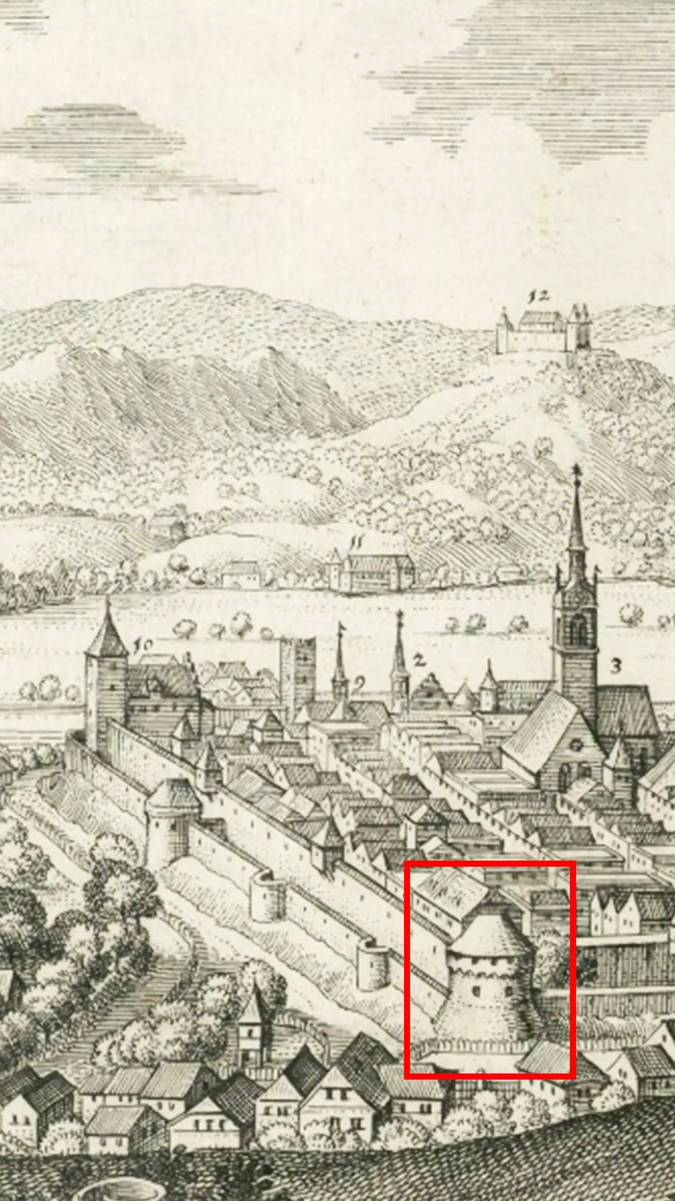 Der Bastionsturm befindet sich an der westlichen Ecke der Stadtbefestigung.