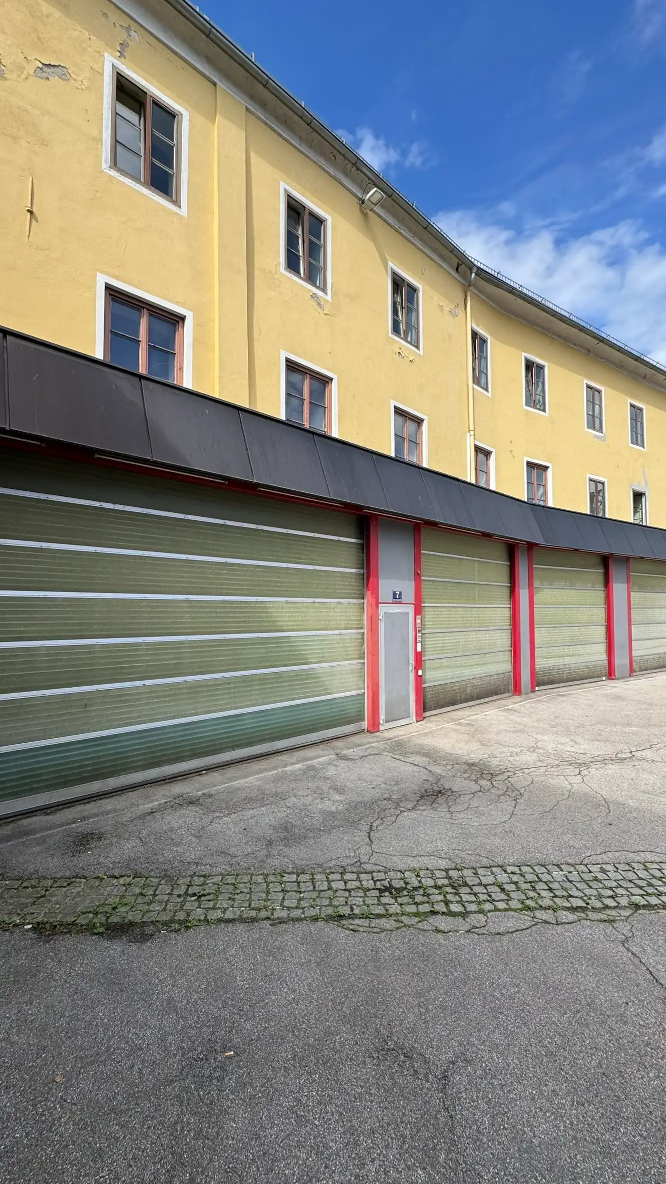 View of the former fire station; camera pointing away from the wall