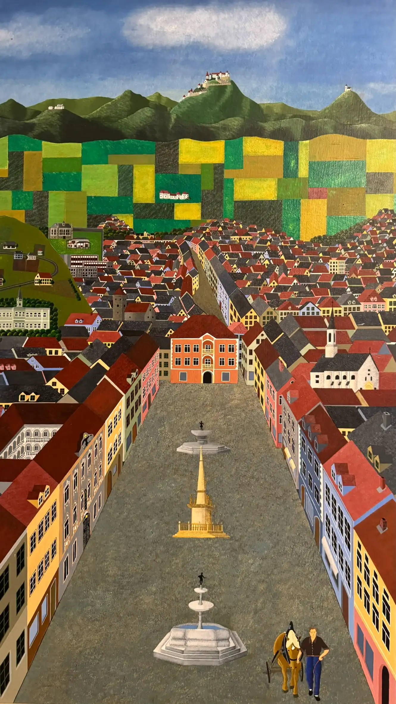 Gemälde des Hauptplatzes mit der Pestsäule und den Brunnen, ausgestellt im Rathaus.