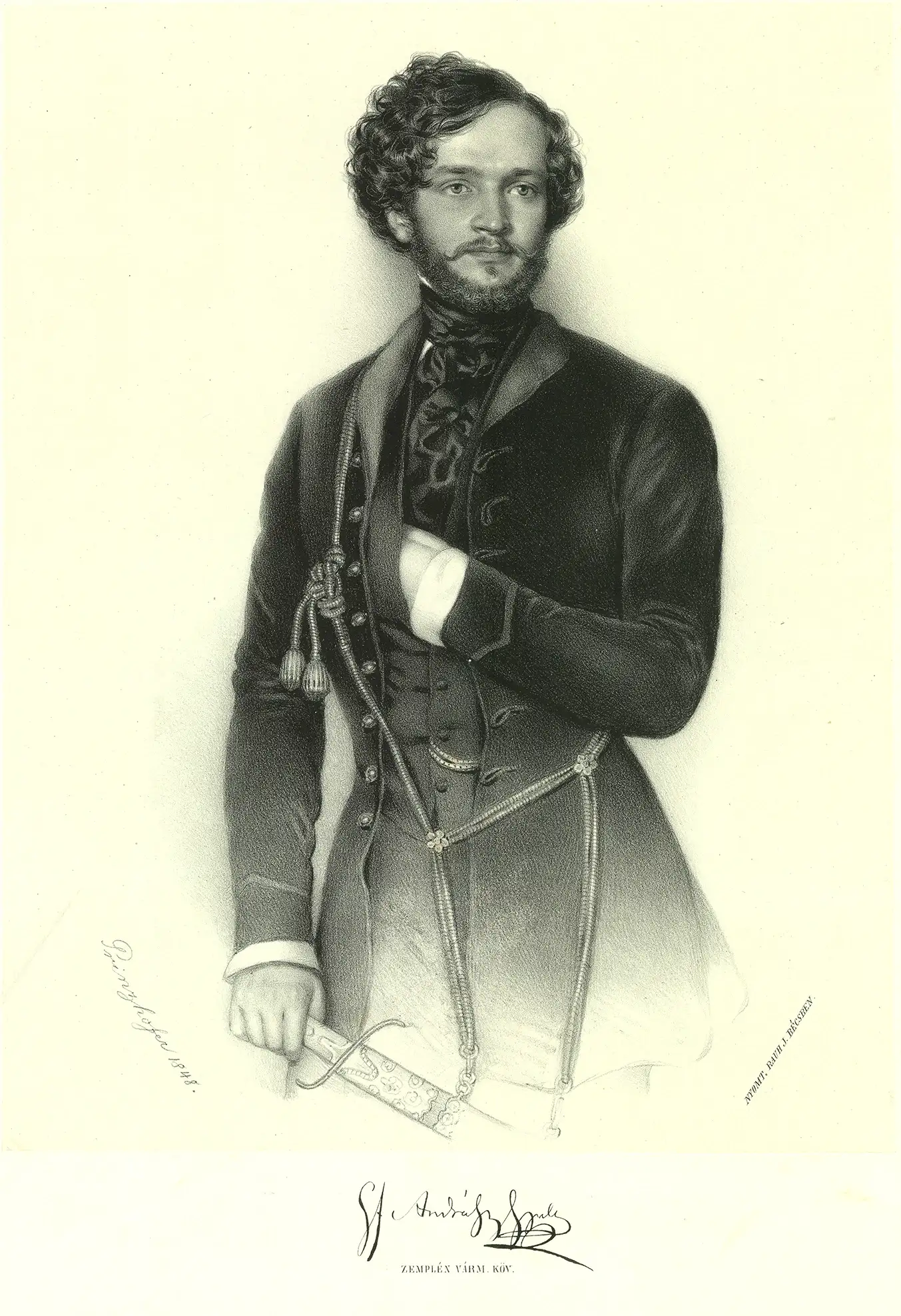 Graf Gyula Andrássy, ungarischer Staatsmann, Ministerpräsident von Ungarn (1867–1871), Außenminister der Österreichisch-Ungarischen Monarchie (1871–1879) | Lithografie, 1848